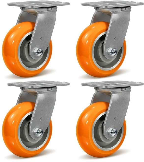 CWFUTU PARTS X2 튼튼한 산업용 알루미늄 휠의 오렌지 트레드 폴리우레탄 롤러 회전 4개 세트당 적재 용량 000파운드, 1 Brake, 5 Wheel