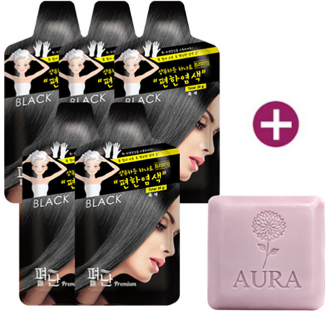 펴난 샴푸하듯 하나로~ 프리미엄 편한 새치커버 염색약 + 아우라 화장비누 1개 증정, 흑색, 5개