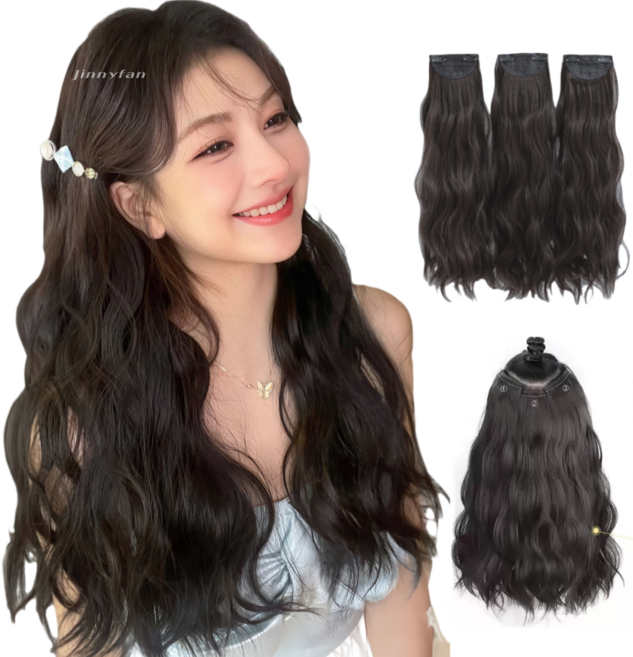 지니판 사랑스러운 굵은 히피펌 물결펌 웨이브 붙임머리 55cm, 3개, 내츄럴블랙