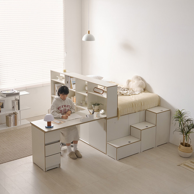 올인원 시즌2 파티션 슬라이딩 빅수납침대 SS B형 (1500책상포함) +매트 2Colors 슬라이딩도어 대용량수납 원룸침대 벙커수납 슈퍼싱글 3단계단수납 높은침대 공부책상, 크림화이트, 고급형 7존 독립봉합 매트리스 SS