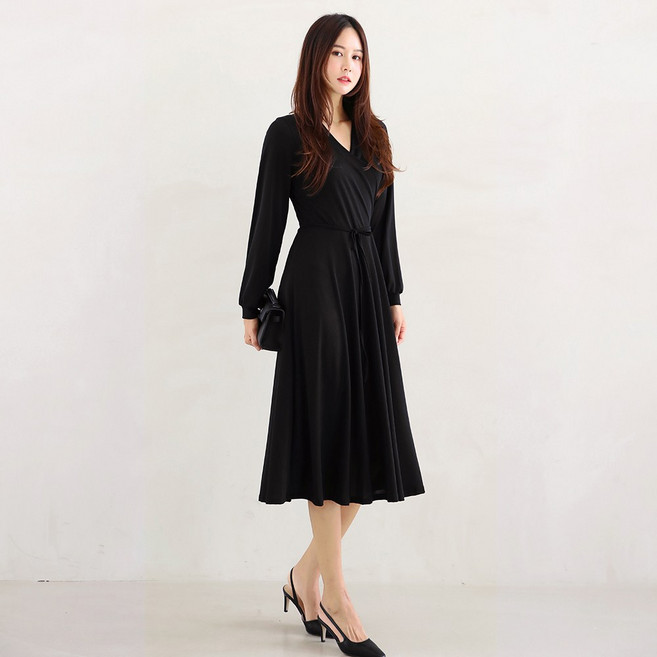 프롬코 여성 브이넥 긴팔 랩 셔링 스판 롱 원피스 FRC97