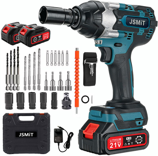 JSMiT 고출력 21V 브러시리스 모터 충전 임팩드릴 전동 임팩렌치 임팩트 드라이버 초대형 비틀림 1000토크 무단변속 충전 임팩 드릴 렌치 드라이버 4.0Ah 배터리 2개, 도구 키트 +(4.0AH 배터리 *2), 1