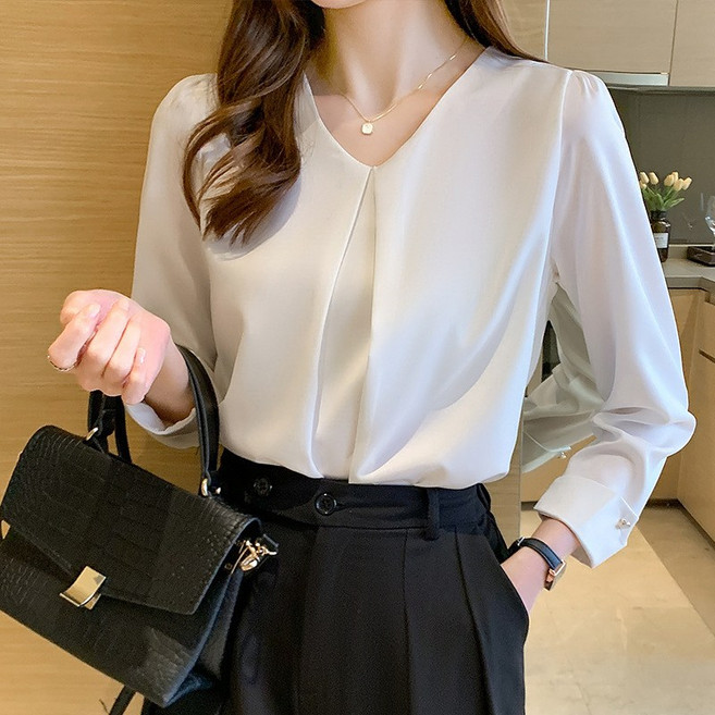 FINE ART 여성 봄 가을셔츠 긴팔 루즈핏 브이넥 블라우스