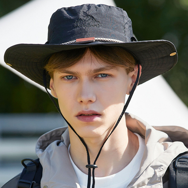 戶外爬山運動登山帽 簡約夏天係繩男士漁夫帽 可折疊潮流帽, 黑色
