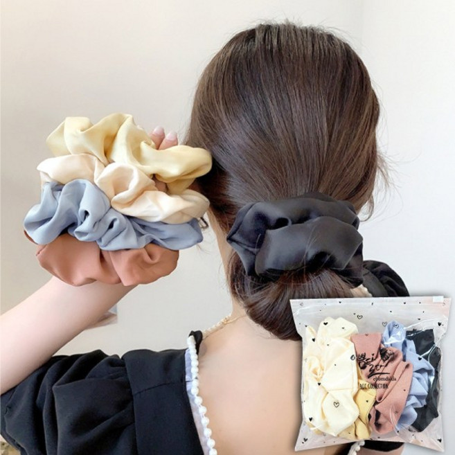 이쁨달다 실키 무지 곱창밴드 [5개세트] 새틴 볼륨 고급 스크런치 머리끈 파우치증정
