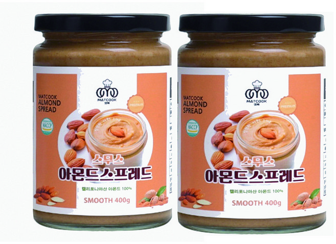아쫀쿠 맛쿡아몬드버터 총800g 아몬드스프레드 무가당 (스무스400g+크런치400g), 400g, 2개