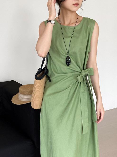 那末 顯白抹茶綠 夏季亞麻無袖背心裙女法式收腰綁帶連衣裙6111