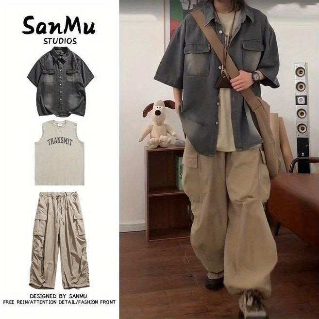 SanMuSTUDIOS 日系水洗做舊短袖牛仔襯衫 男士工裝襯衣套裝