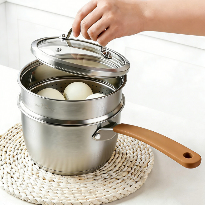 CookNest 편수 304 스텐 인덕션 밀크팬 1인용 이유식 찜기 냄비, 1개, 은색, 16cm