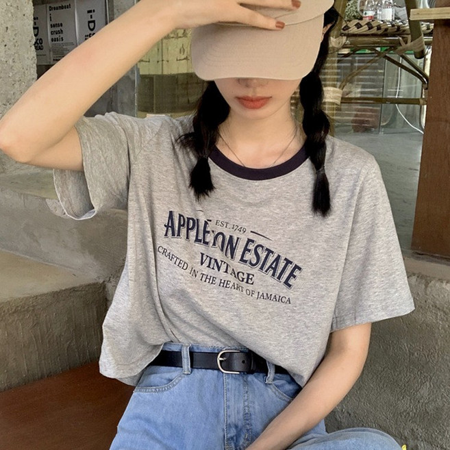 바이누아 여성 레터링 배색링거 크롭 반팔티셔츠