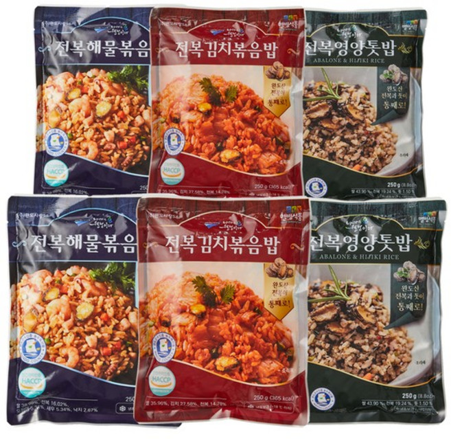 완도 통 전복 해물 김치 톳 영양볶음밥 250g 6팩 혼밥 캠핑용, 해물3팩+톳3팩