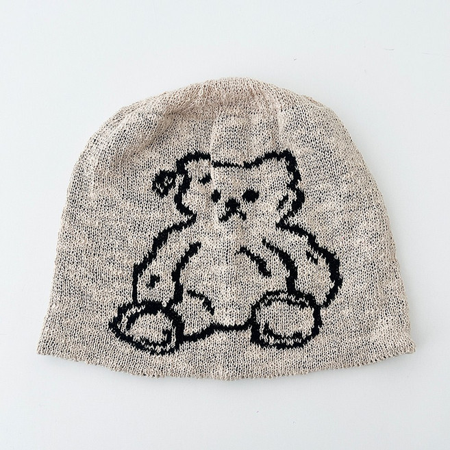 곰돌이 자가드 슬라브 니트 비니 봄 여름