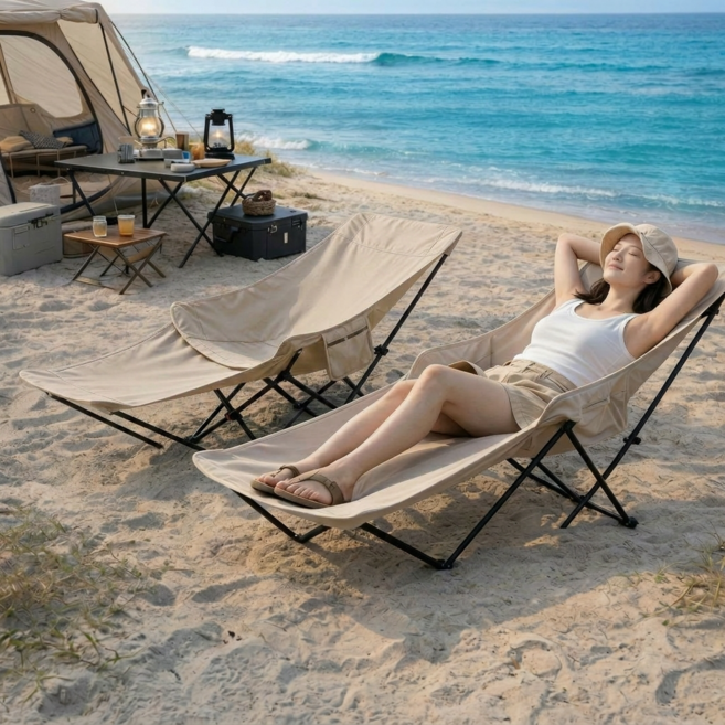 필드데이 편안한 각도 조절 접이식 캠핑의자 발판 탈부착 릴렉스 체어, 베이지, 2개