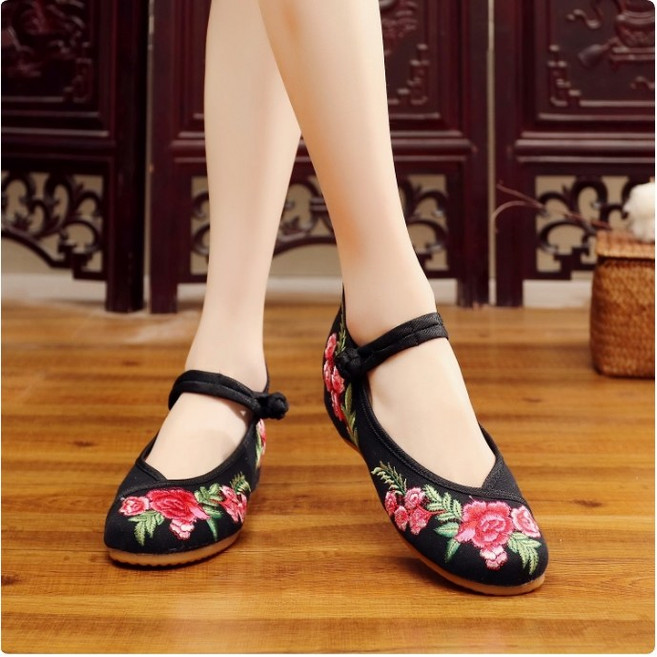 Ogfaour 여성 플랫 슈즈 화려한 꽃자수화 키높이 웨지힐 스퀘어댄스화