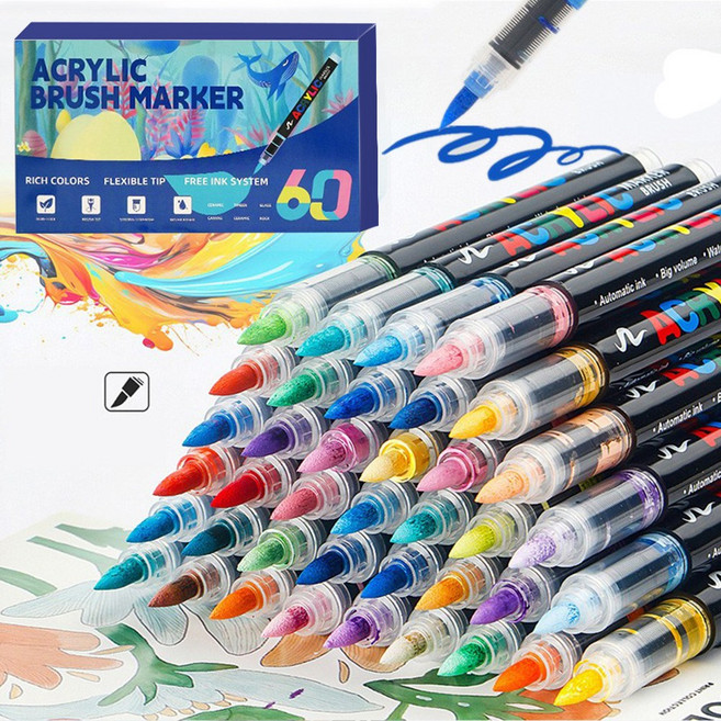 시스슈 아크릴 마카펜 직액식 대용량 드로잉 미술 전문 채색 소프트 브러쉬 펜 다색 혼합 마커펜, 1세트, 60색