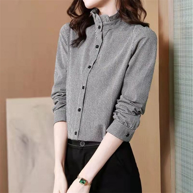 TKX 여성 가을 겨울 따뜻한 두꺼운 체크무늬 셔츠 프릴 반 하이넥 간편 오피스 KN53