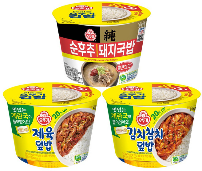오뚜기 컵밥 3종 4개씩(김치참치+제육+얼큰순후추돼지국밥), 3.726kg, 1세트