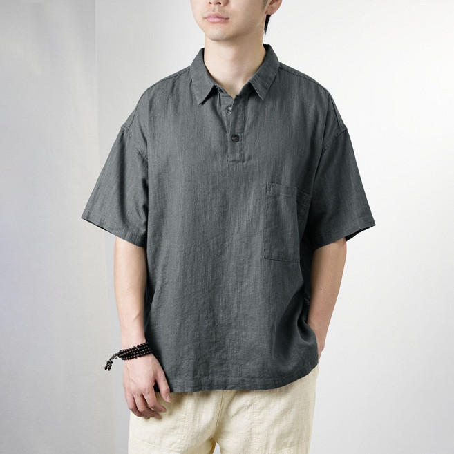 新中式夏季男士亞麻Polo衫寬鬆透氣翻領純色短袖襯衫