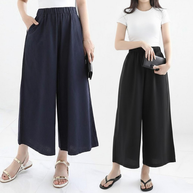 (1+1) 린넨원단 여름 가벼운 마 밴딩 와이드팬츠 플레어 치마바지 여성용 편안한 고무줄 통바지 날씬 슬림 무지 데일리룩 2장세트