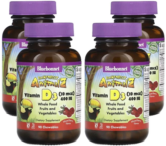 블루보넷뉴트리션 레인포레스트 에니멀 비타민 D3 혼합 베리 400 IU 츄어블 90 정, 4팩, 90정 - 쿠팡