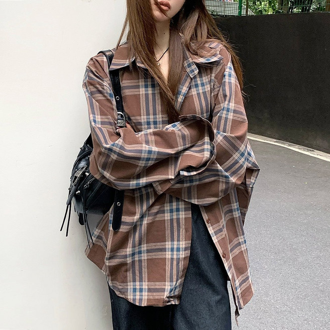 대박난박양 브라운 체크 오버핏 셔츠(세일)