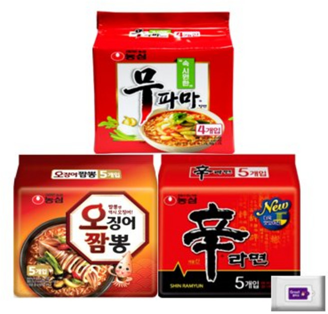 농심무파마4입+오징어짬뽕5입+신라면5입+그레잇물티슈(10매), 1개