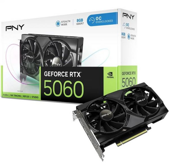 PNY NVIDIA GeForce RTX™ 5060 OC 듀얼 팬 그래픽 카드(8GB GDDR7 128비트 SFF-Ready PCIe® 5.0 HDMI®/DP 2., PNY NVIDIA GeForce RTX™ 5060 O