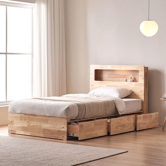 [1만원 할인쿠폰] 스칸디아 레임 3단 빅서랍 LED 수납 원목 침대 (슈퍼싱글/퀸), 01. 매트제외_SS(내추럴)