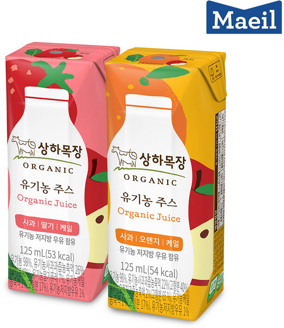 상하목장 유기농주스 125ml x 24팩 무료배송/사과오렌지케일/사과딸기케일, (사과오렌지케일12팩+사과딸기케일12팩), 1세트