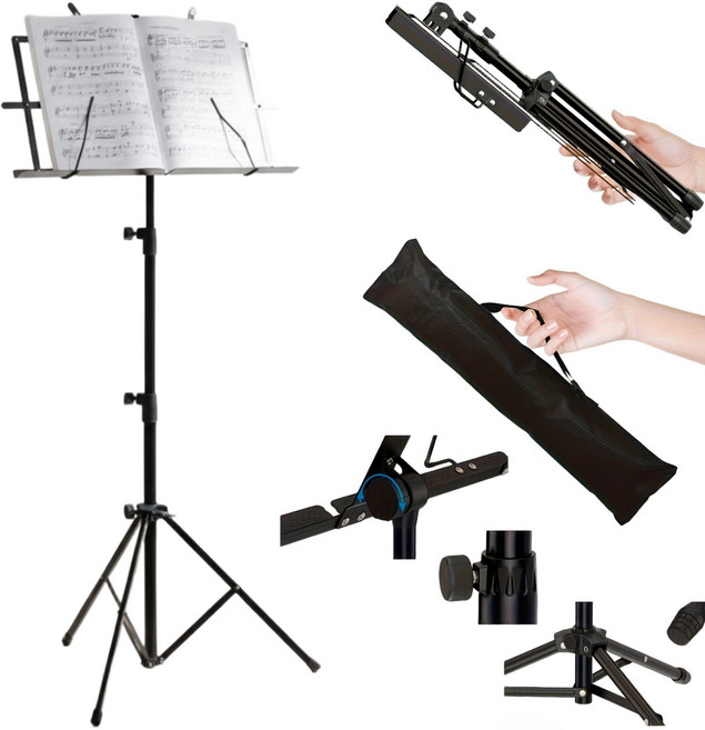 루니텍 악보 보면대 접이식 경량 휴대용 가방 포함, 블랙, 1개