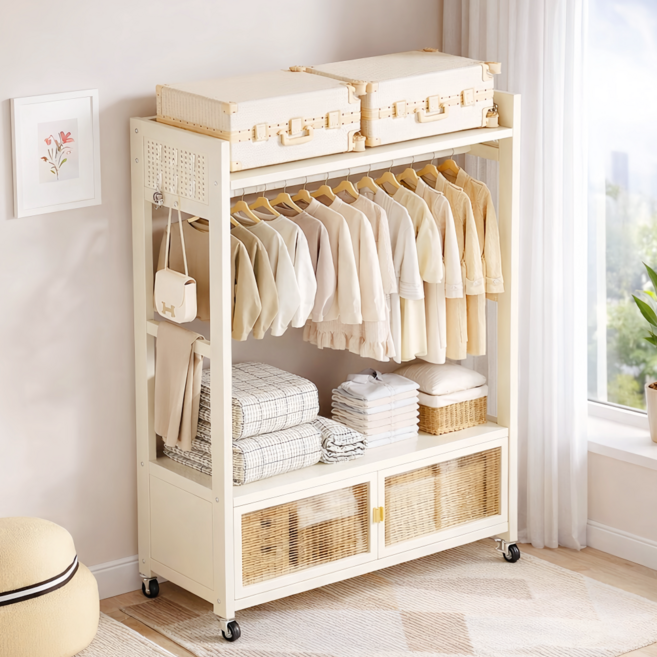 GOOD MOMENT 튼튼한 스탠드 바구니 먼지 방지 수납선반이 있는 시스템 조립식 행거, 화이트