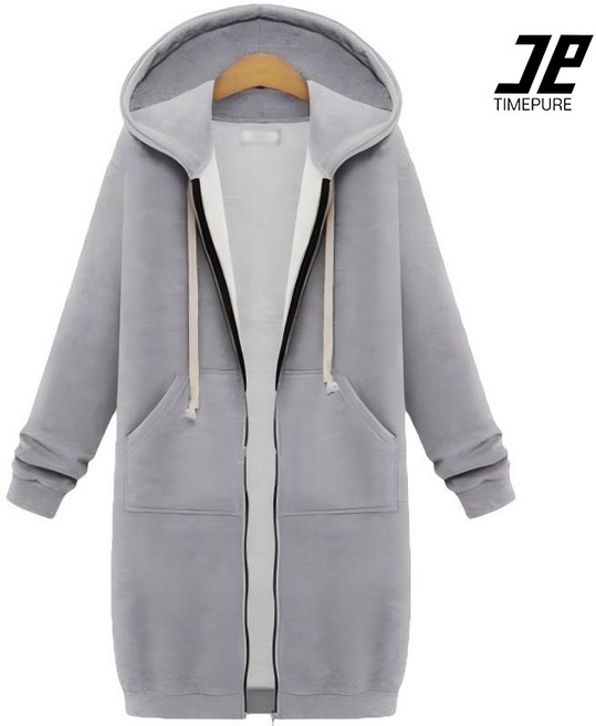 TIMEPURE 봄가을 여성 심플 오버핏 후드 긴팔 미디엄 기장 플리스 롱 후디 집업 롱 자켓 후드 롱 원피스
