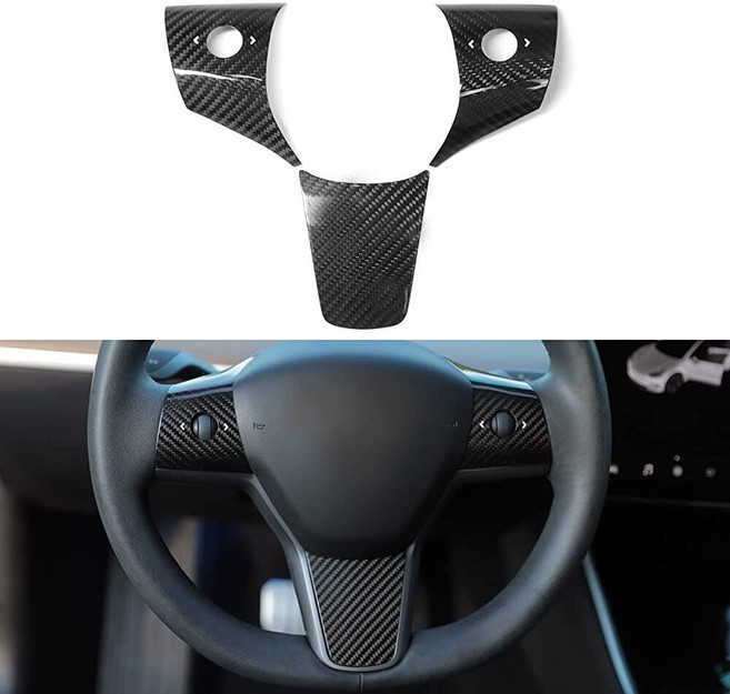 TPARTS 테슬라 모델3 ModelY 2018-2023용 리얼 탄소 섬유 스티어링 휠 커버 내부 수정 자동 액세서리(글로시 블랙) 398005, TPARTS 테슬라 모델3 ModelY 2018-202