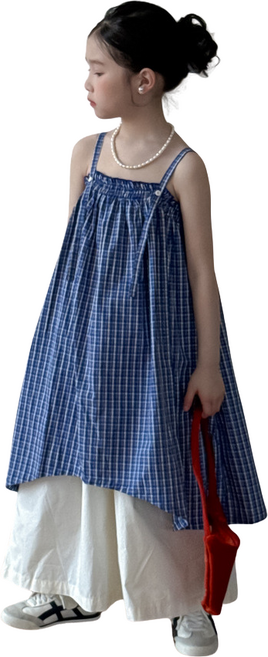 삐삐네옷가게 블루 체크 민소매 원피스 여름용 여아 키즈 시원한 바지 상하룩