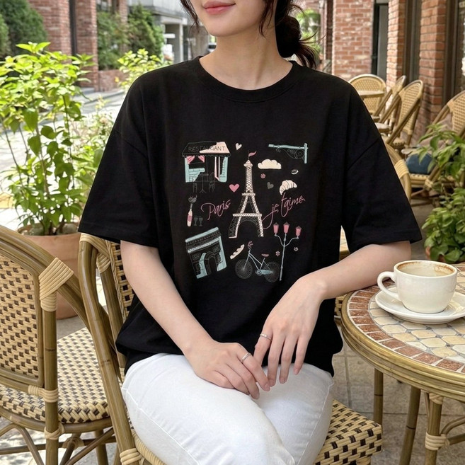 데일리앤 아리스 데일리 루즈핏 박시 프린팅 면 맨투맨 반팔티 여성 스웻셔츠 봄 여름 빅사이즈