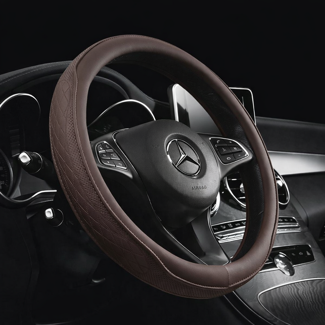 MAA 나파가죽 자동차 핸들커버 차량용 순정형 타공 스티어링휠 커버 미끄럼방지 통풍 그립감 향상 사계절용 승용차 SUV 공용 인테리어 드레스업 용품 악세사리, 브라운