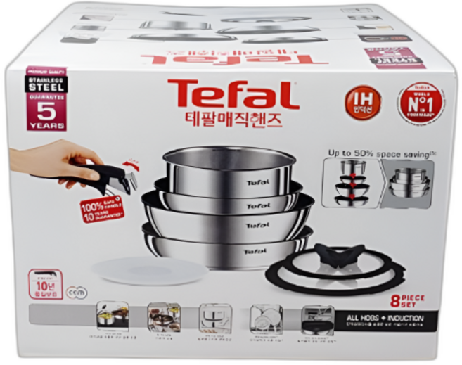 테팔 매직핸즈 스테인리스 스틸 실버에디션 8P 세트 티타늄코팅 스텐304 프라이팬 냄비 뚜껑 손잡이, 1개