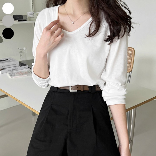 바비팩토리 여성용 무지 랍바 브이넥 긴팔티셔츠 단색 V넥 긴소매 이너 티셔츠