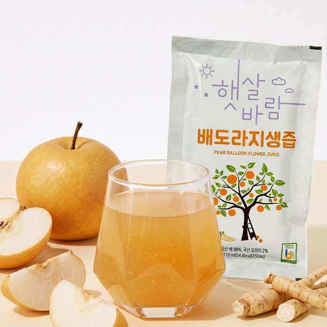 국내산 도라지와 배만 갈아만든 100%과즙 배도라지즙 50포 어린이 가족, 1박스, 110ml