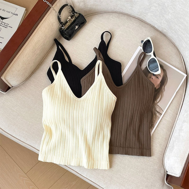 세련된 매력 여성 V넥 줄무늬 캡내장 탱크탑 3P 세트