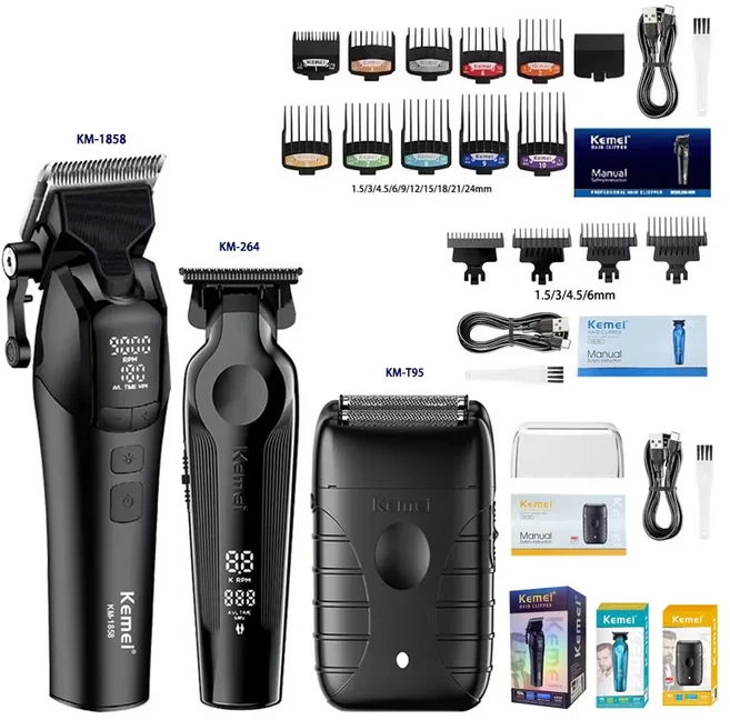 Kemei KM-1858 9000RPM 10W 헤어 클리퍼 KM-264 충전식 전기 남성용 이발사 키트 면도기, 01 kit3-With box