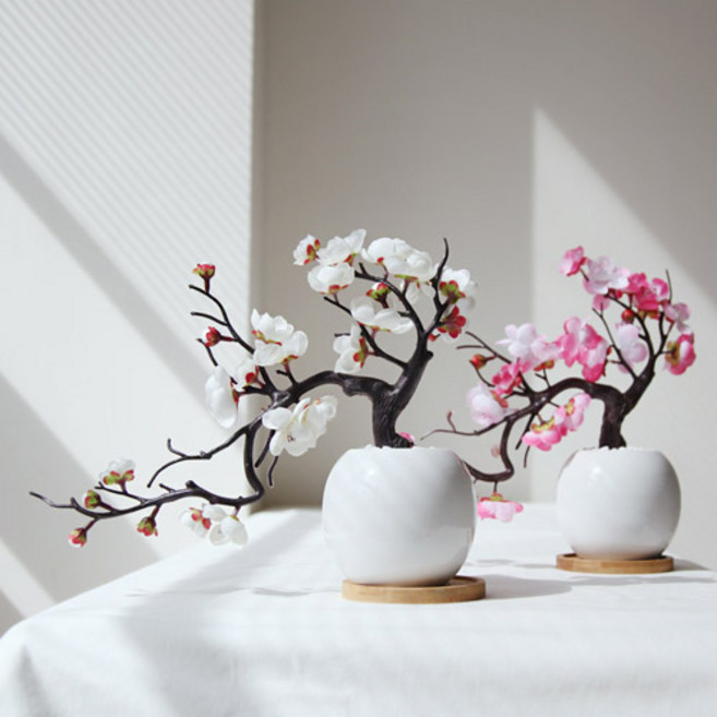 매화조화 미니 둥근 달항아리 화분세트, A01)매화(흰색)+화분+받침+흰돌+마사토, 1개