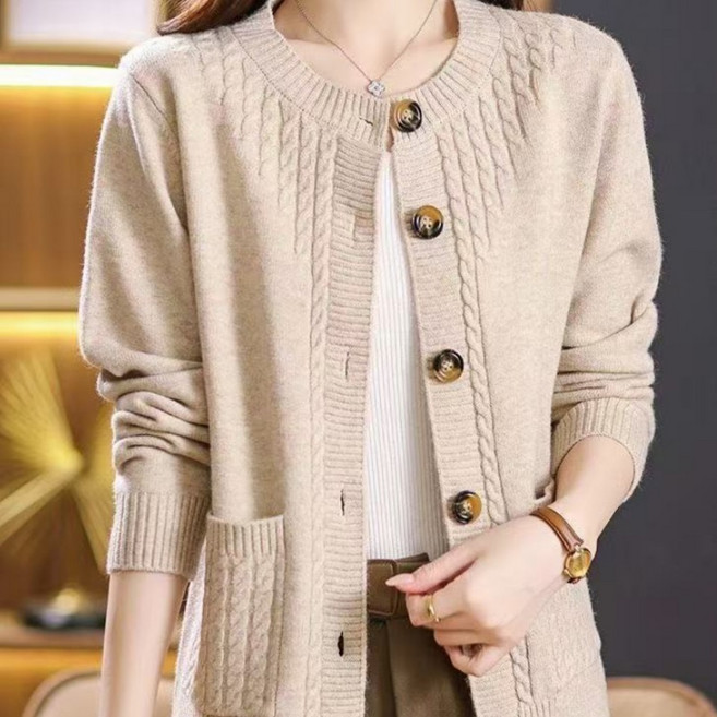 AURALA 중년 엄마 니트 코트 가을 빅 사이즈 루즈핏 패션 캐주얼 꽈배기 라운드 싱글 쇼트 긴팔 상의 L0927-06