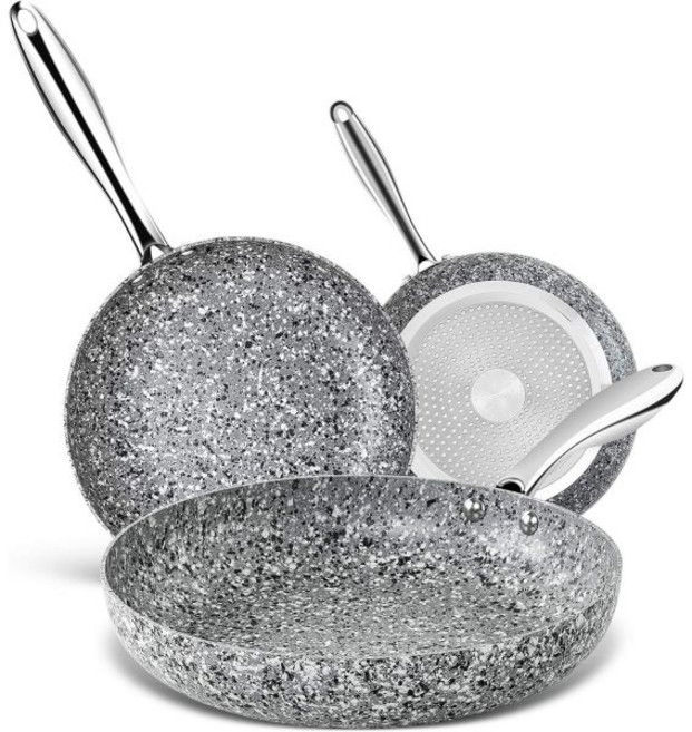 MICHELANGELO미켈란젤로 뚜껑 달린 10인치 프라이팬 무독성 돌유래 코팅된 논스틱 돌 화강암 스킬렛 인덕션 호환, 1개