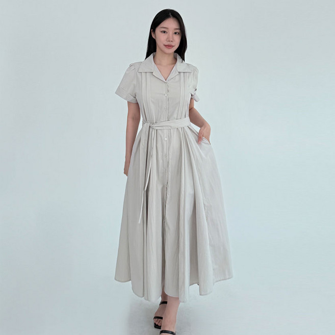 비비아 핀턱 스트랩 셔츠 카라 플레어 롱 원피스