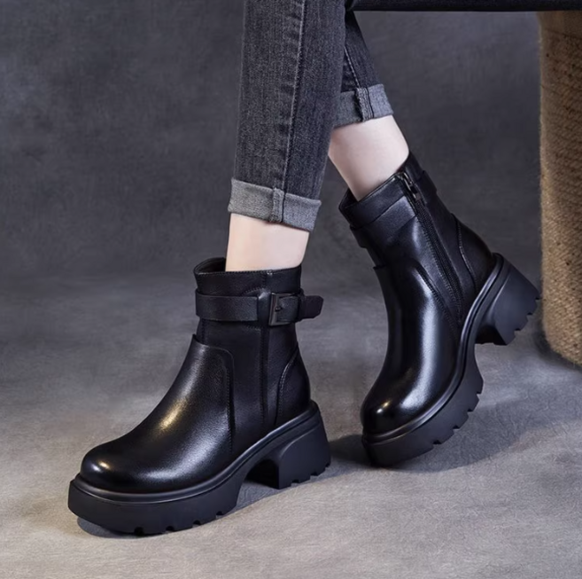 FINE ART 키높이 여성 앵클 부츠 캐주얼 5cm 패션 사계절 미끄럼방지 워커슈즈 엄마 앵클 부츠