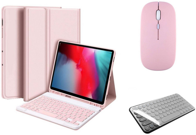 아이패드 호환 에어 프로 미니 1/2/3/4/5/6/7/8/9/10 세대 M2 M4 펜슬 수납 블루투스 키보드 케이스 무선 마우스 세트 iPad Pro Air Mini 케이스나라, 핑크