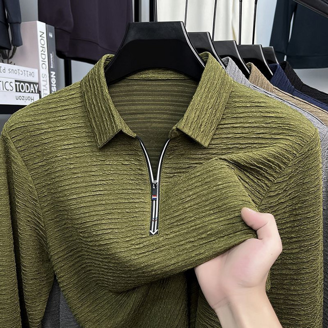 AOKADA 남성 봄 가을 레귤러핏 반집업 폴로 티셔츠 캐주얼 무지 긴팔 티셔츠