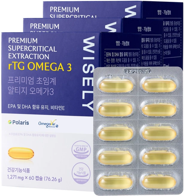 와이즐리 80% 순도 프리미엄 초임계 알티지 오메가3 1000mg, 3개, 60정 - 쿠팡