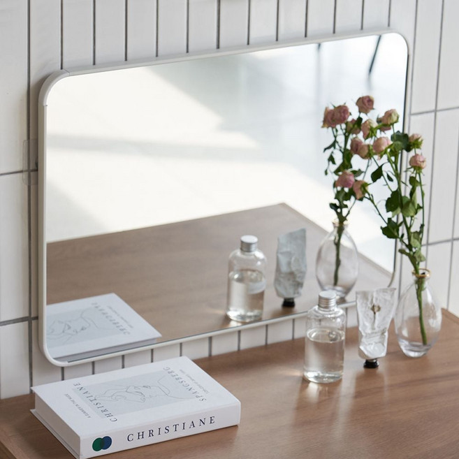 세컨드시트 무타공 사각 벽걸이거울 화장대 붙이는거울 욕실 화장실 가벼운 부착식, 화이트